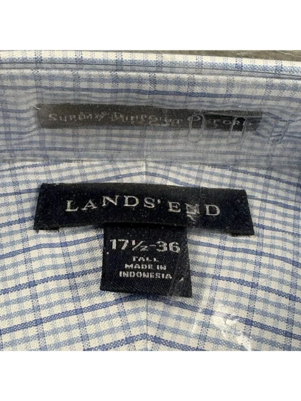 Lands’ End Men’s Dress Shirt 17.5-36 Tall Blue Mini Check Button Down - Picture 3 of 6